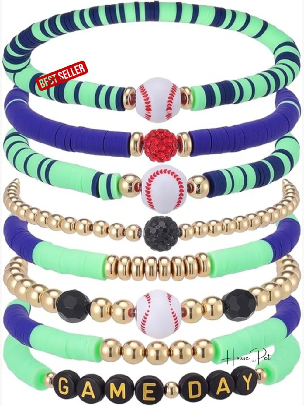 8 Pcs Baseball Game Day Beaded Stretch Bracelets Stackable Sports Charm